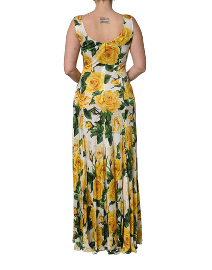 Dolce & Gabbana Yellow Rose Print Organzine Sleeveless Maxi Dress
