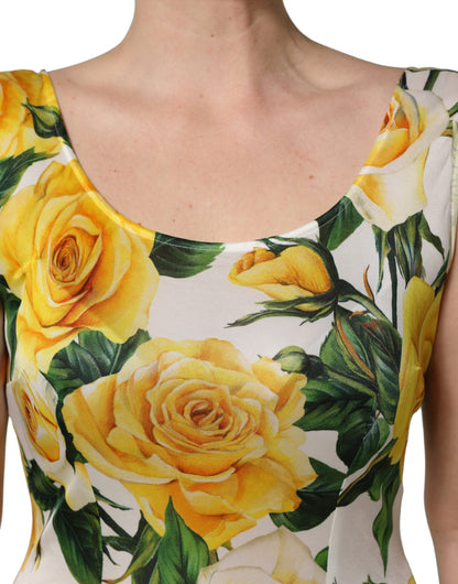 Dolce & Gabbana Yellow Rose Print Organzine Sleeveless Maxi Dress