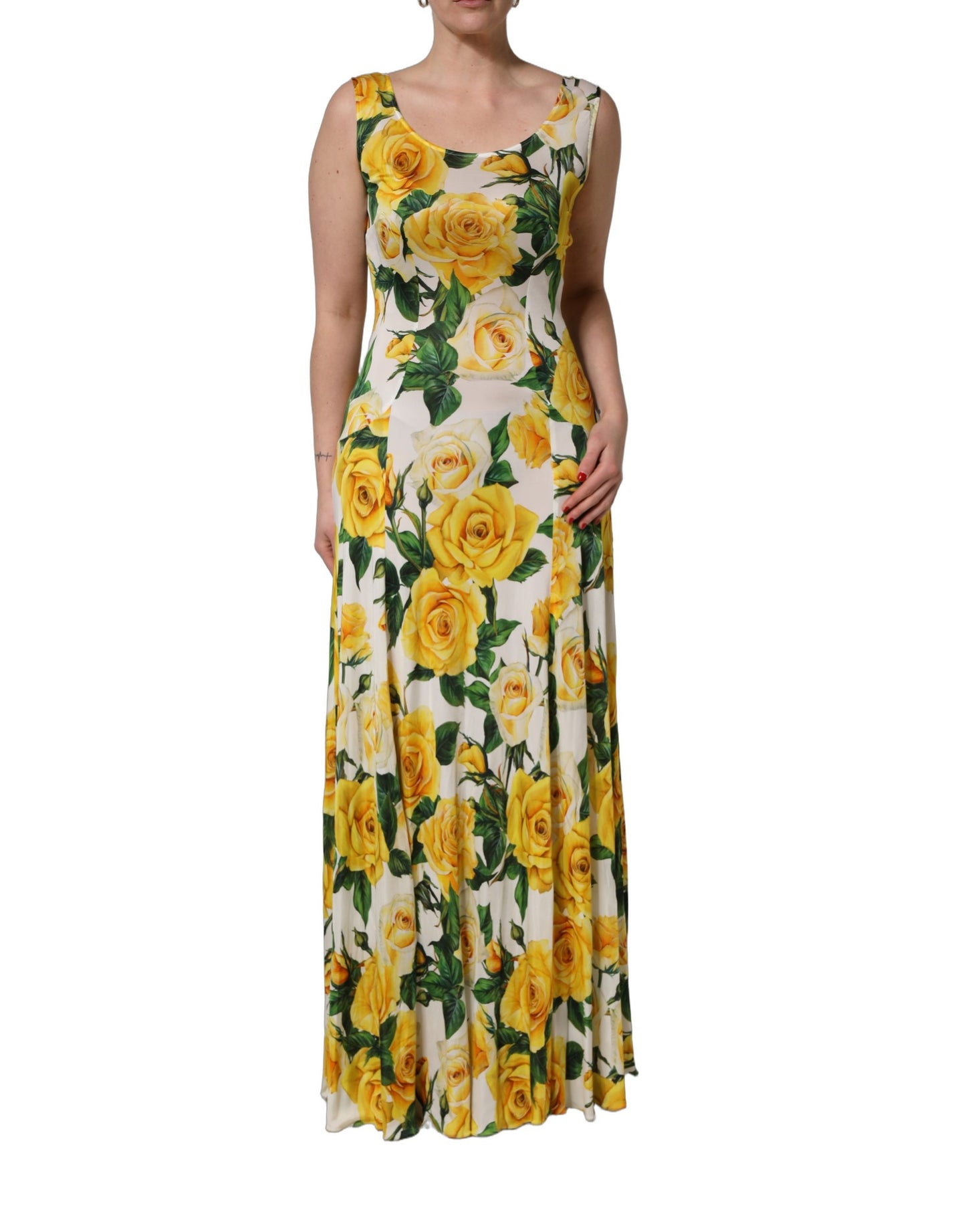 Dolce & Gabbana Yellow Rose Print Organzine Sleeveless Maxi Dress