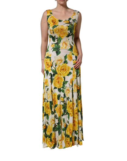 Dolce & Gabbana Yellow Rose Print Organzine Sleeveless Maxi Dress
