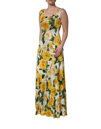 Dolce & Gabbana Yellow Rose Print Organzine Sleeveless Maxi Dress
