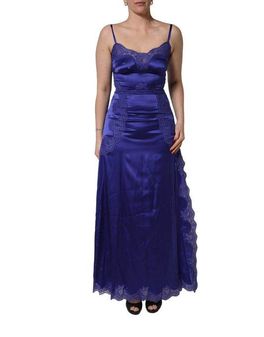 Dolce & Gabbana Blue Sleeveless Lace Trim A-line Gown Dress