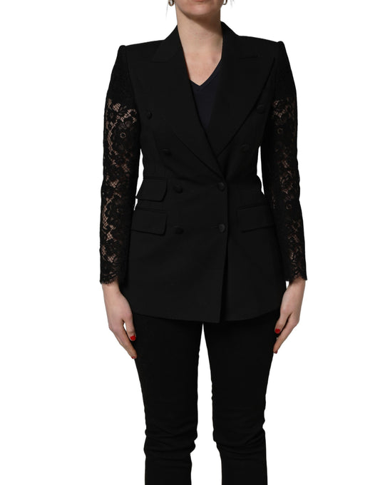Dolce & Gabbana Black Wool DoubleBreasted Lace Sleeve Jacket