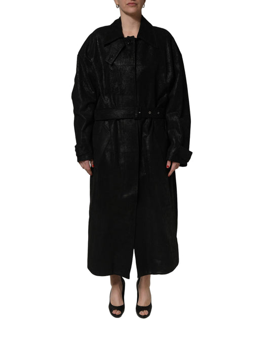 Dolce & Gabbana Black Belted Sheepskin Trench Coat Jacket