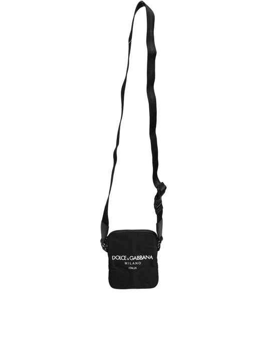 Dolce & Gabbana Black Nylon Rubberized Logo Print Crossbody Borse Bag