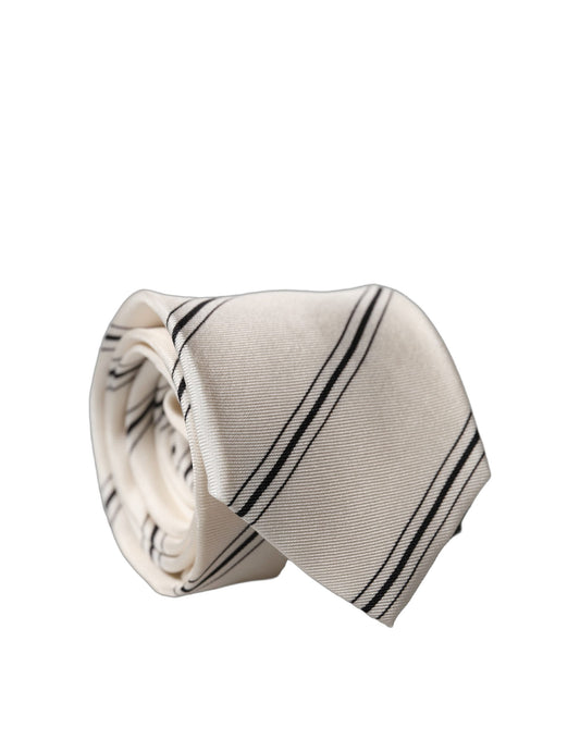 Dolce & Gabbana Beige Black Stripes 100% Silk Adjustable Men Necktie Tie