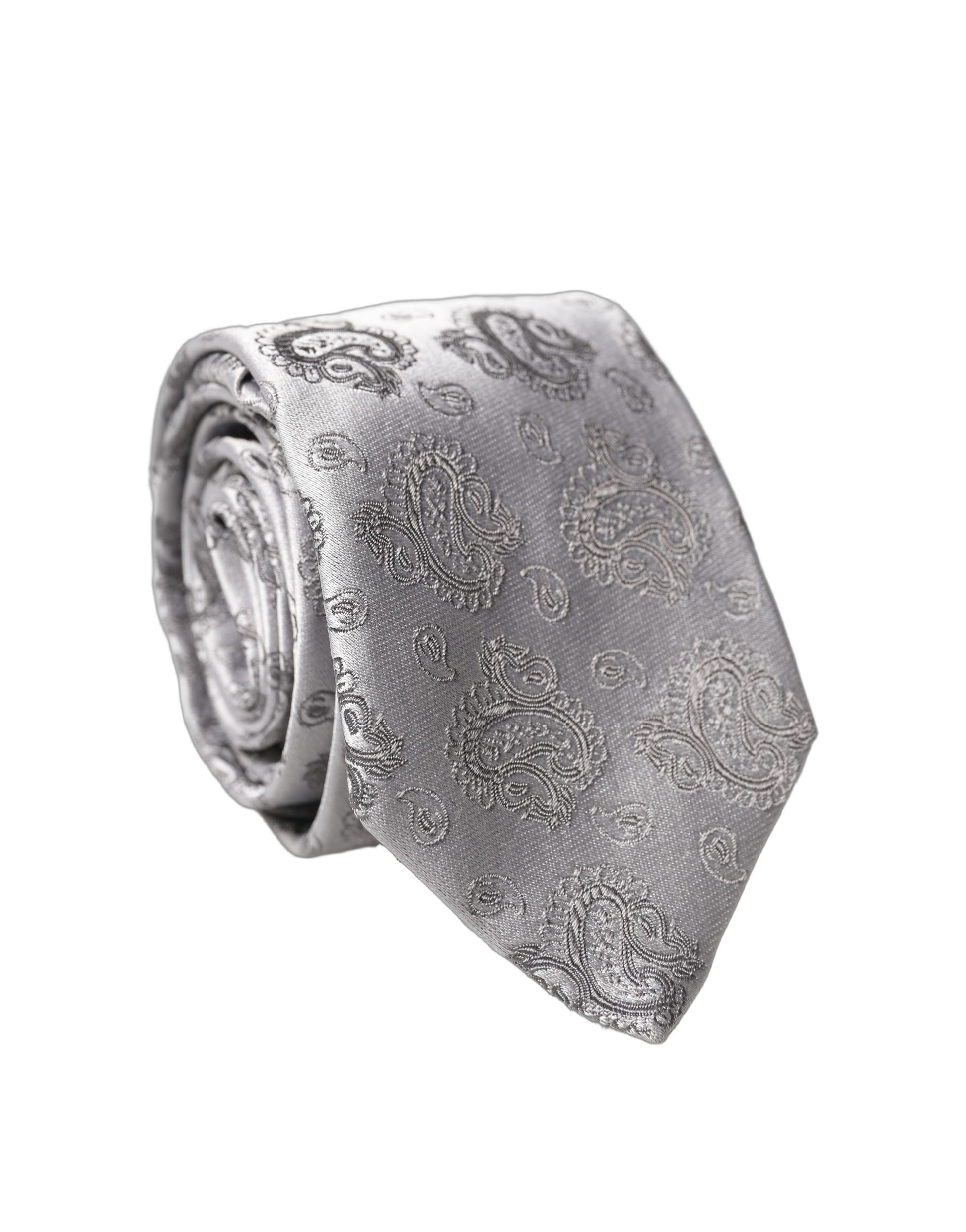 Dolce & Gabbana Silver Gray Paisley Silk Adjustable Men Tied Necktie Tie
