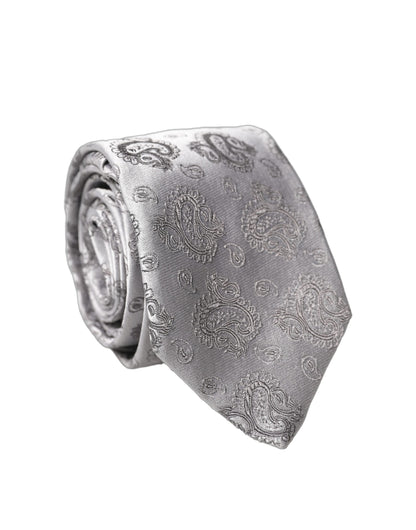 Dolce & Gabbana Silver Gray Paisley Silk Adjustable Men Tied Necktie Tie