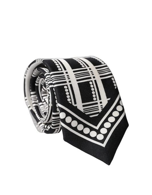 Dolce & Gabbana Black White Abstract Silk Adjustable Men Tied Necktie Tie
