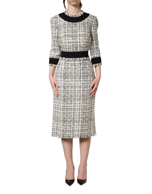 Dolce & Gabbana Black White Tweed Sheath A-line Midi Dress