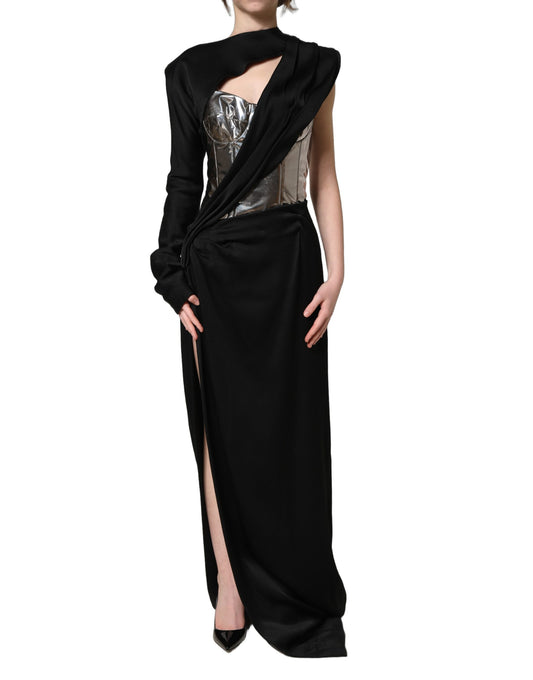 Dolce & Gabbana Black Silver OneShoulder Cocktail Gown Dress