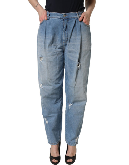 Dolce & Gabbana Blue Distressed Pleated Cotton Denim Jeans