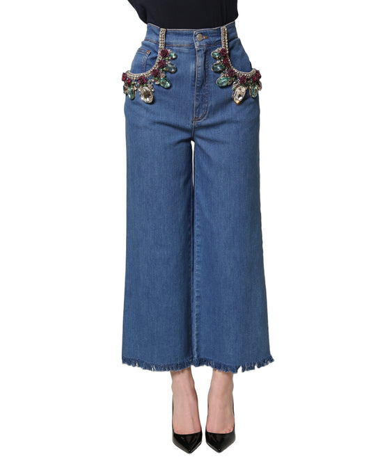 Dolce & Gabbana Blue Embellished Wide Cropped Denim Jeans