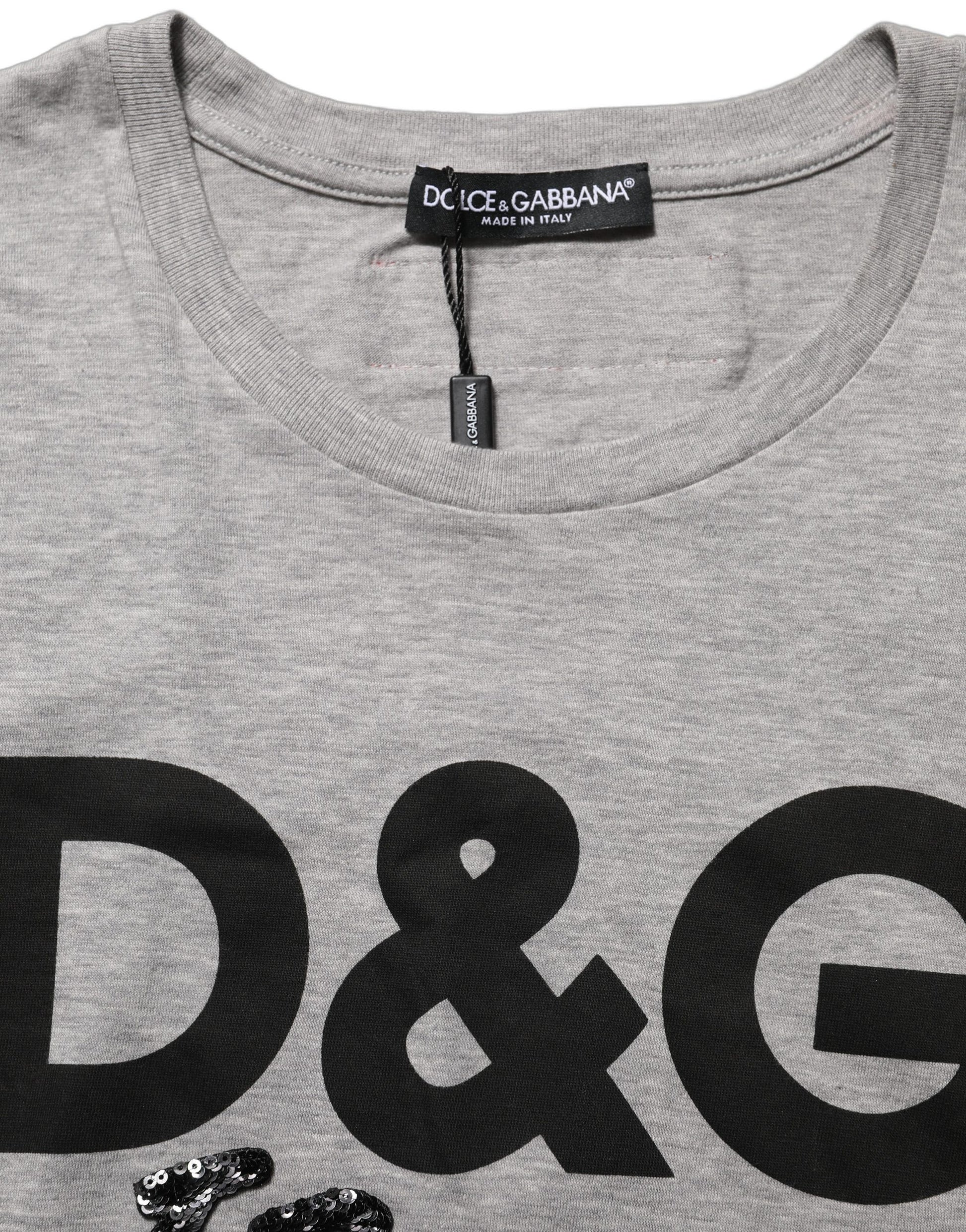 Dolce & Gabbana Gray Cotton Logo Printed Crew Neck T-shirt