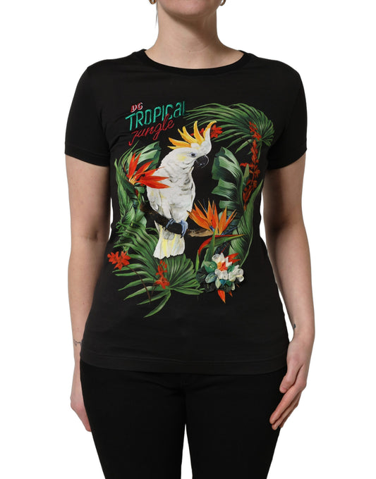 Dolce & Gabbana Black Tropical Print Cotton Round Neck T-Shirt