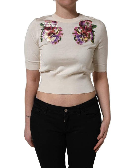 Dolce & Gabbana Beige Floral Print Silk CrewNeck Pullover Top