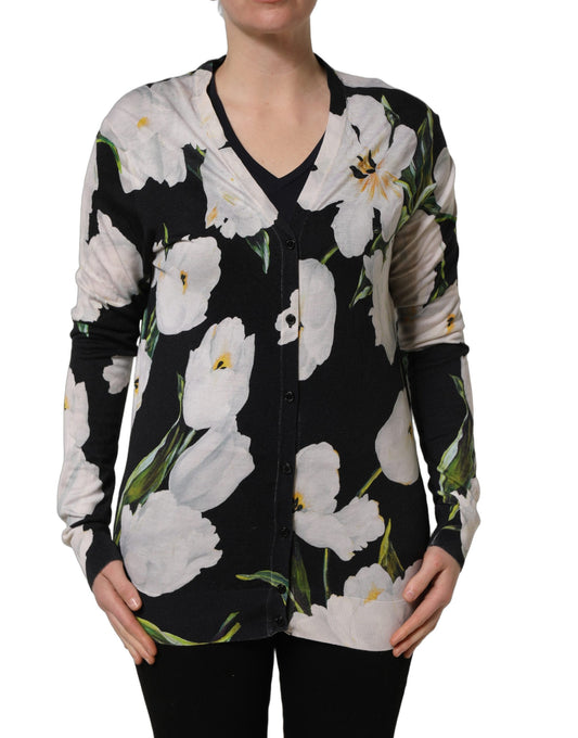 Dolce & Gabbana Black Floral Cashmere Silk Cardigan Sweater