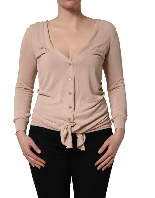 Dolce & Gabbana Beige Ribbed V-neck Front Tie Cardigan Sweater