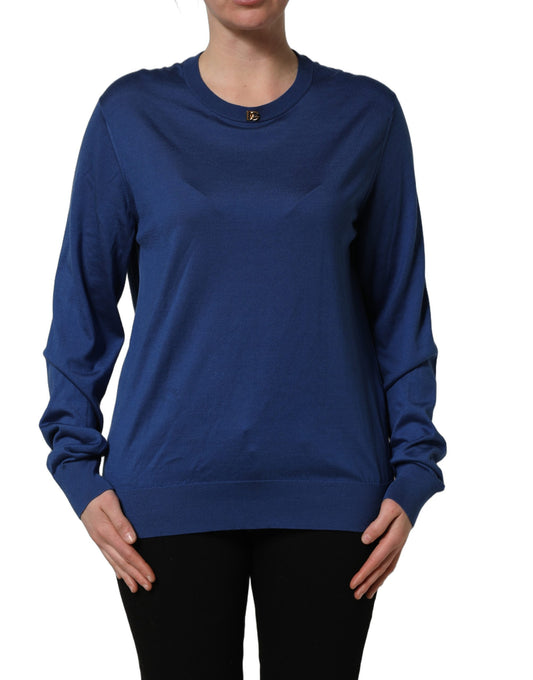Dolce & Gabbana Blue Silk DG Logo Crew Neck Pullover Sweater