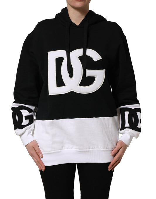 Dolce & Gabbana BlackWhite Appliqué Hooded Sweatshirt Sweater