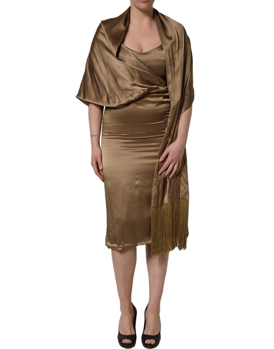 Dodo Bar Or Bronze Toned Satin Fringe Hemmed Shawl Midi Dress