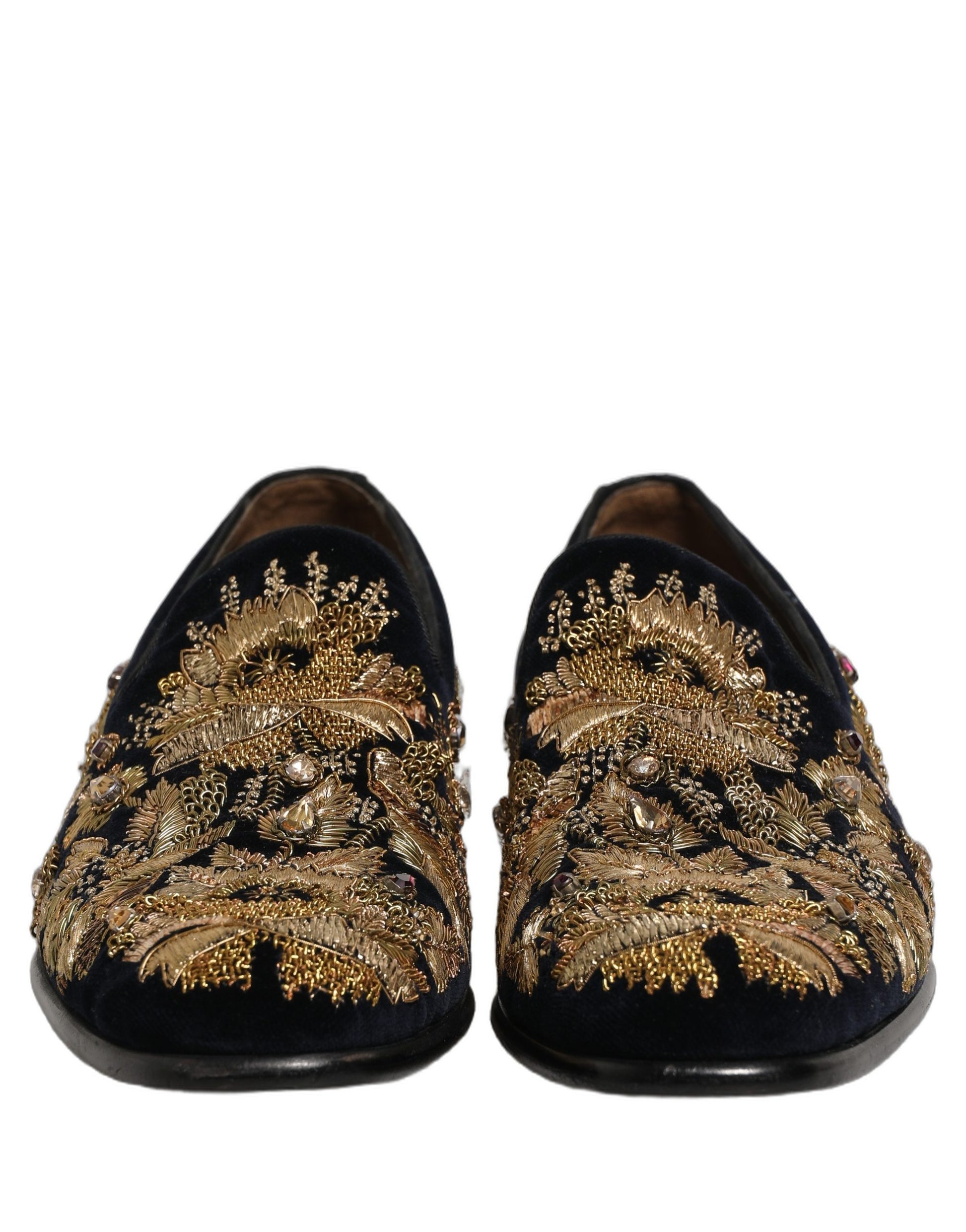 Dolce & Gabbana Black Gold Embroidery Dress Loafers Shoes