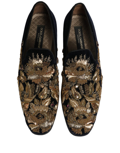Dolce & Gabbana Black Gold Embroidery Dress Loafers Shoes