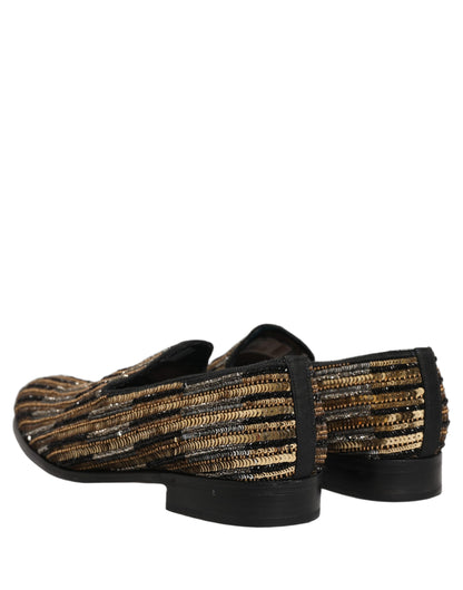Dolce & Gabbana Gold Striped Sequin Embellished Loafer Shoes