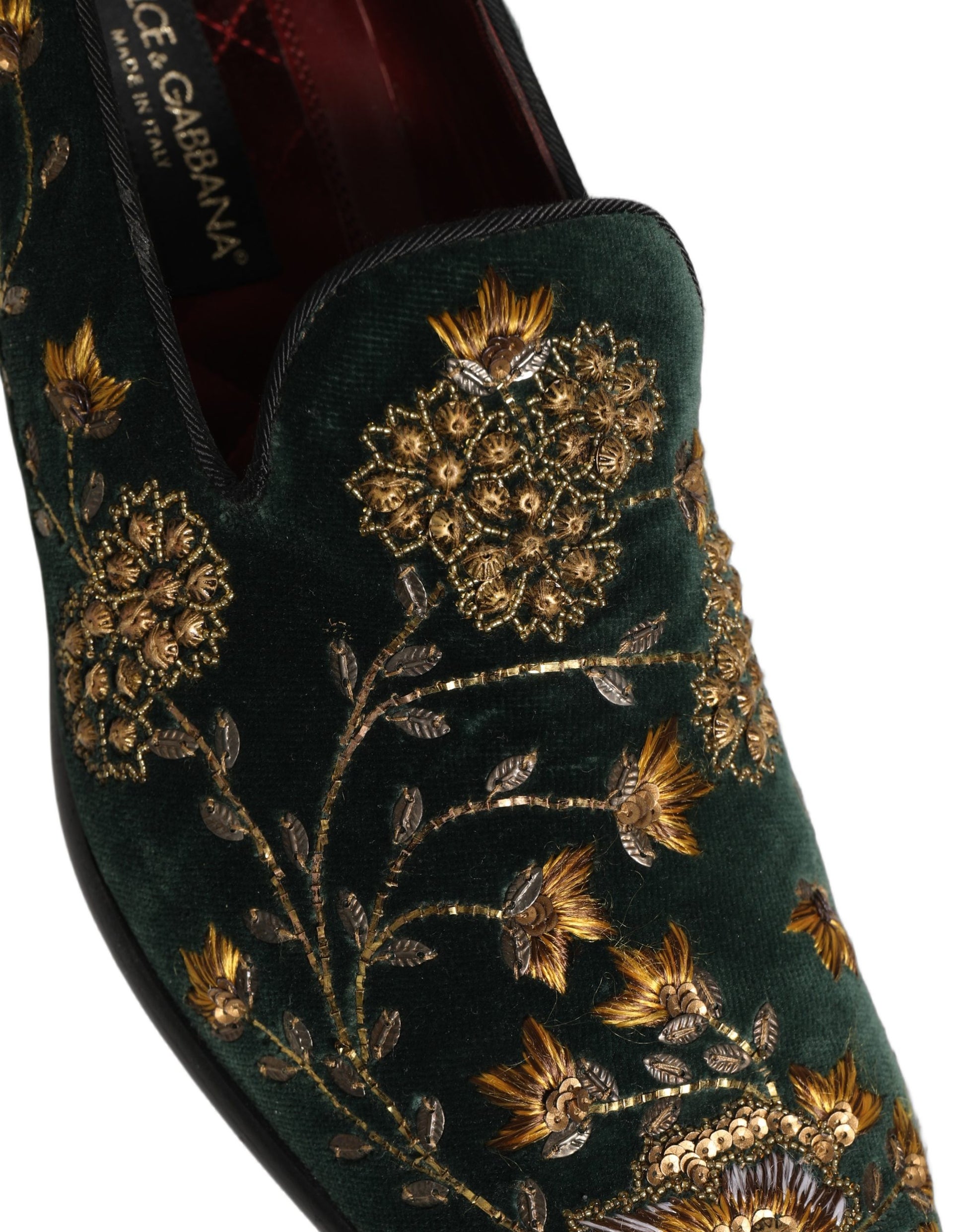 Dolce & Gabbana Green Floral Embroidery Dress Loafers Shoes