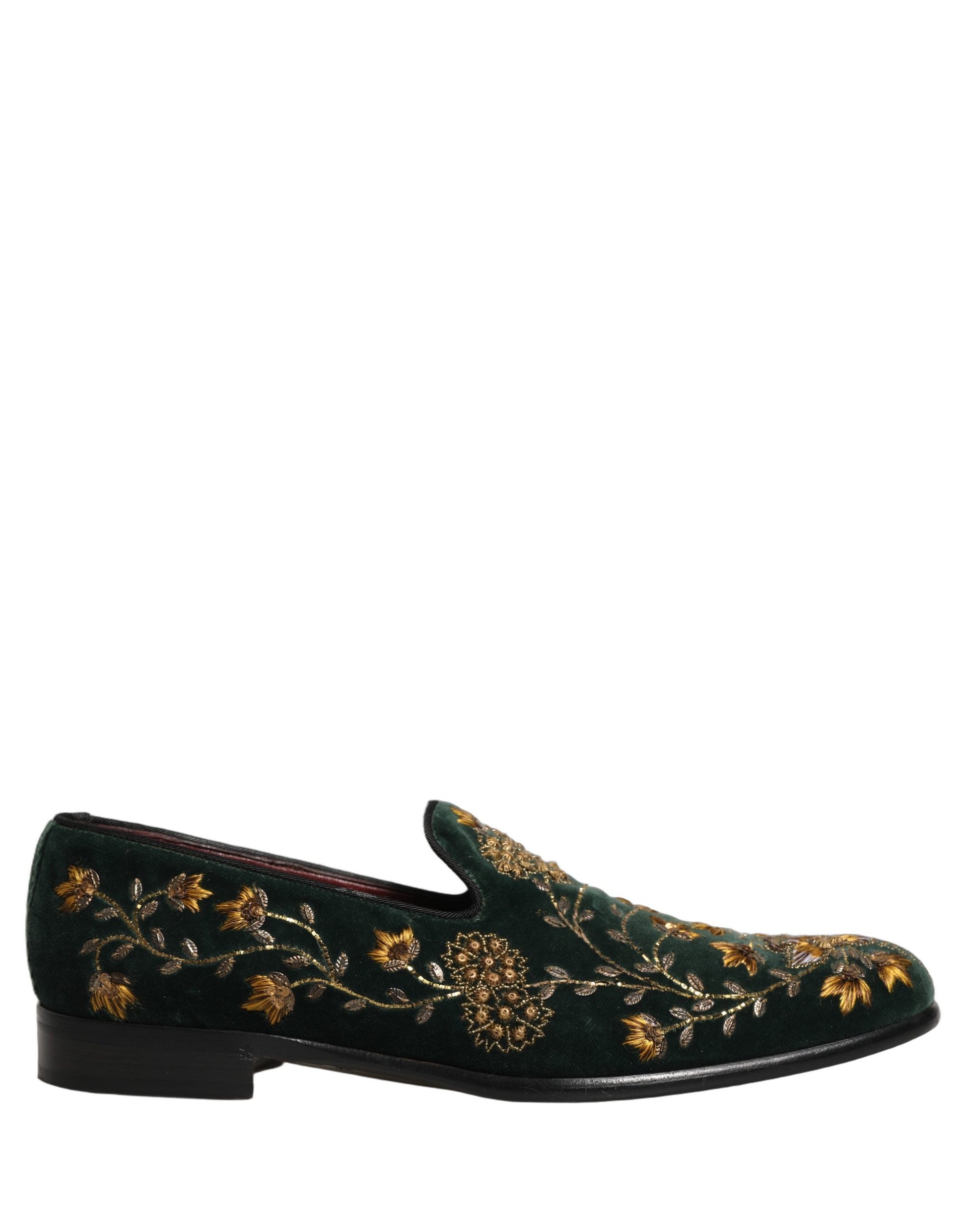 Dolce & Gabbana Green Floral Embroidery Dress Loafers Shoes