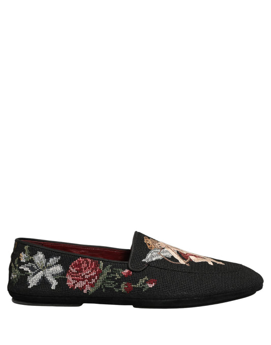Dolce & Gabbana Black Baroque Angel Crown Rose Loafers Shoes