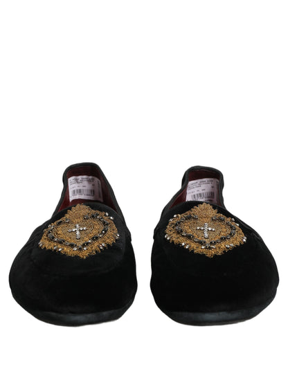 Dolce & Gabbana Black Velvet Sacred Heart Dress Loafers Shoes