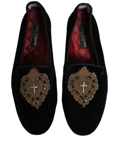 Dolce & Gabbana Black Velvet Sacred Heart Dress Loafers Shoes