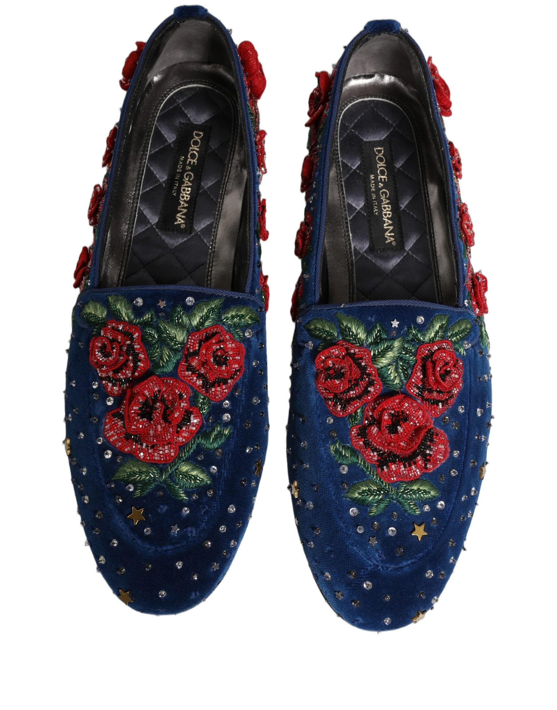 Dolce & Gabbana Blue Velvet Floral Slip On Dress Loafers Shoes