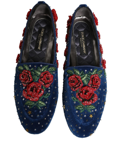 Dolce & Gabbana Blue Velvet Floral Slip On Dress Loafers Shoes