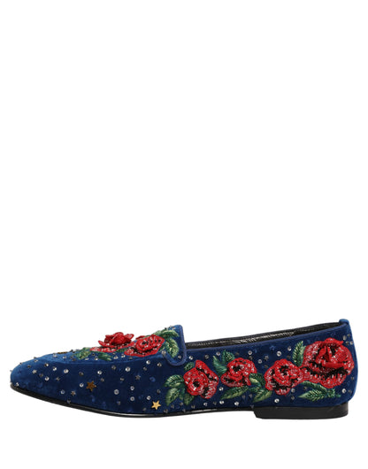 Dolce & Gabbana Blue Velvet Floral Slip On Dress Loafers Shoes