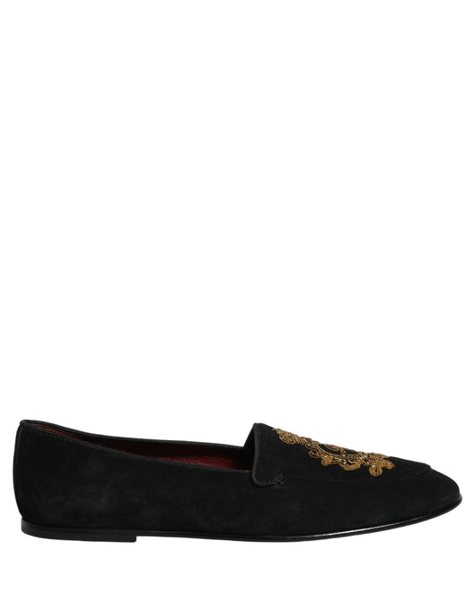 Dolce & Gabbana Black Velvet Crown Embroidery Loafers Shoes