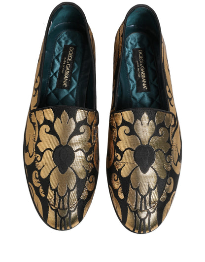 Dolce & Gabbana Black Gold Floral Jacquard Dress Loafers Shoes