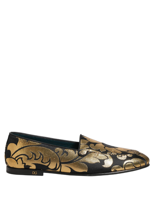Dolce & Gabbana Black Gold Floral Jacquard Dress Loafers Shoes