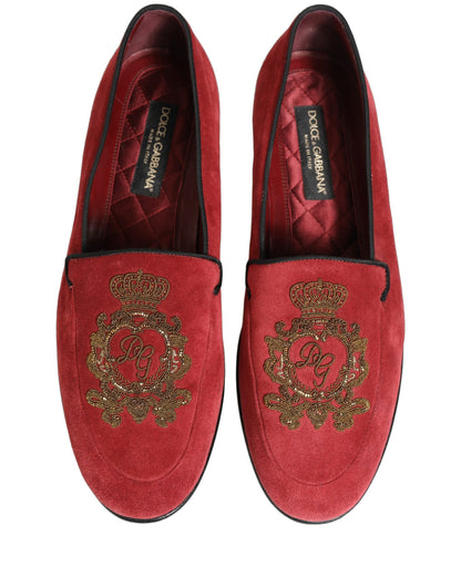 Dolce & Gabbana Red Velvet Logo Embroidery Men Loafers Shoes