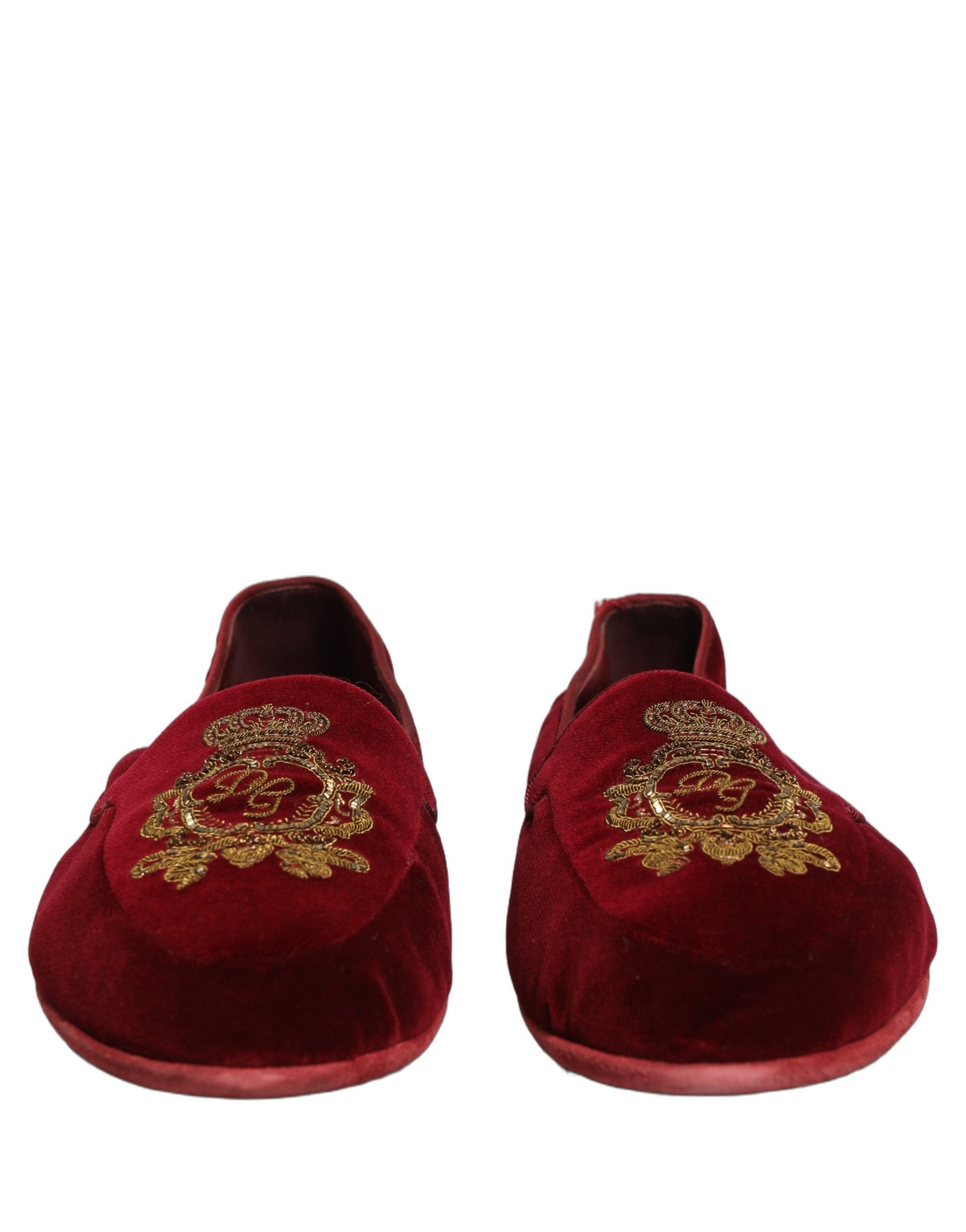 Dolce & Gabbana Maroon Velvet Crown Embroidery Loafers Shoes