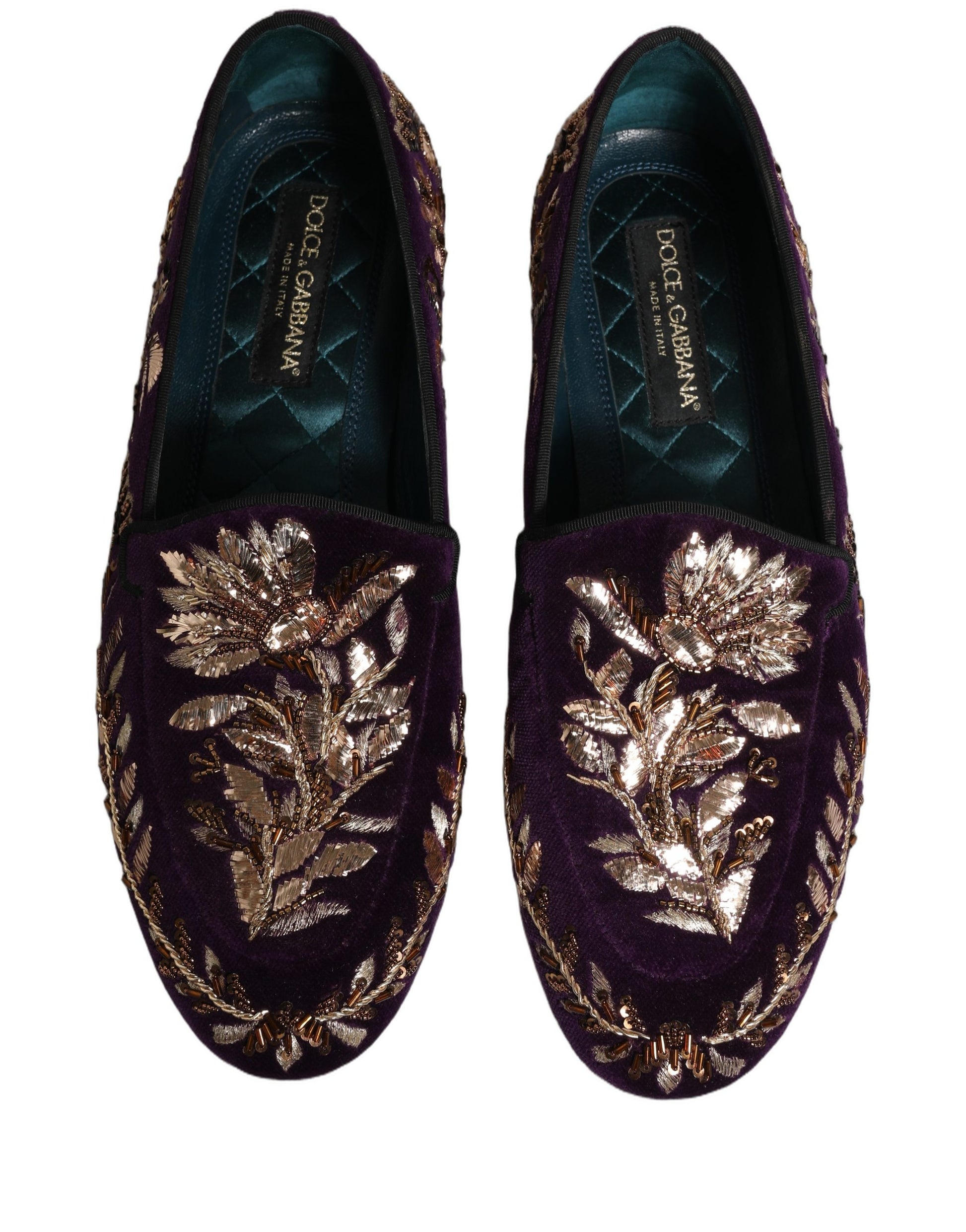 Dolce & Gabbana Violet Velvet Floral Embroidery Loafers Shoes