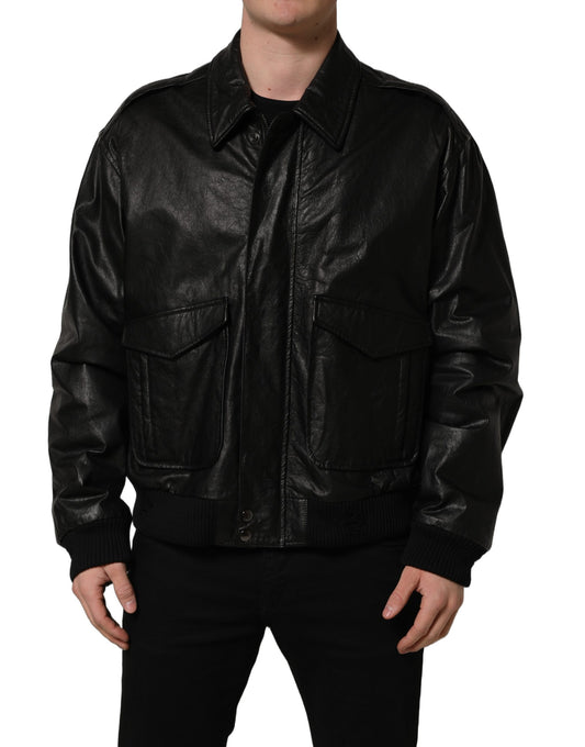 Dolce & Gabbana Black Leather Full Zip Men Biker Jacket