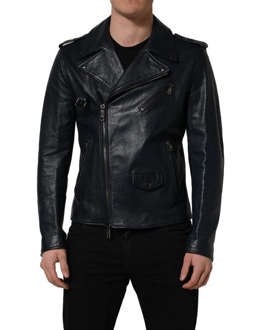Dolce & Gabbana Black Leather Men Biker Coat Goatskin Jacket