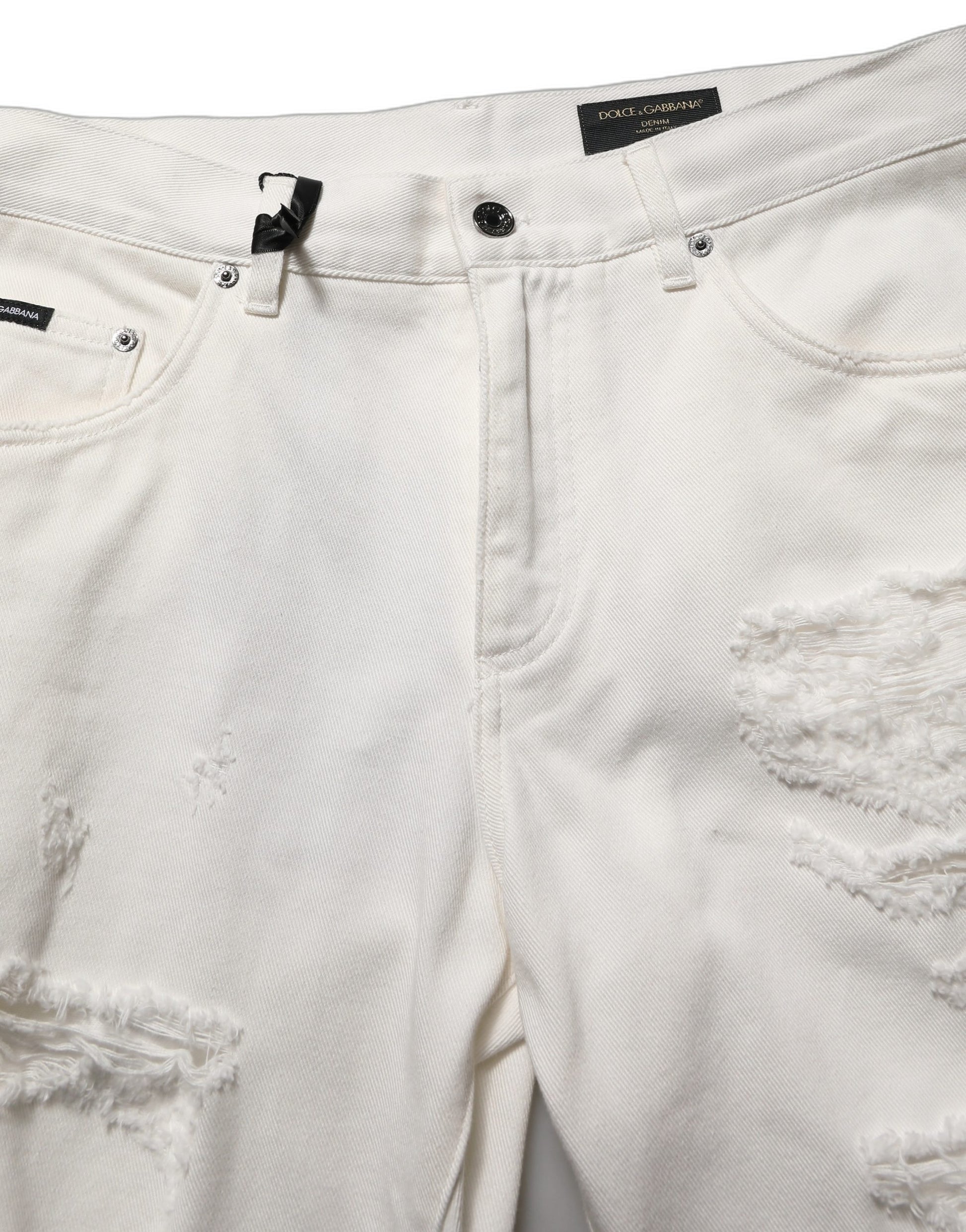 Dolce & Gabbana White Cotton Distressed Straight Denim Jeans