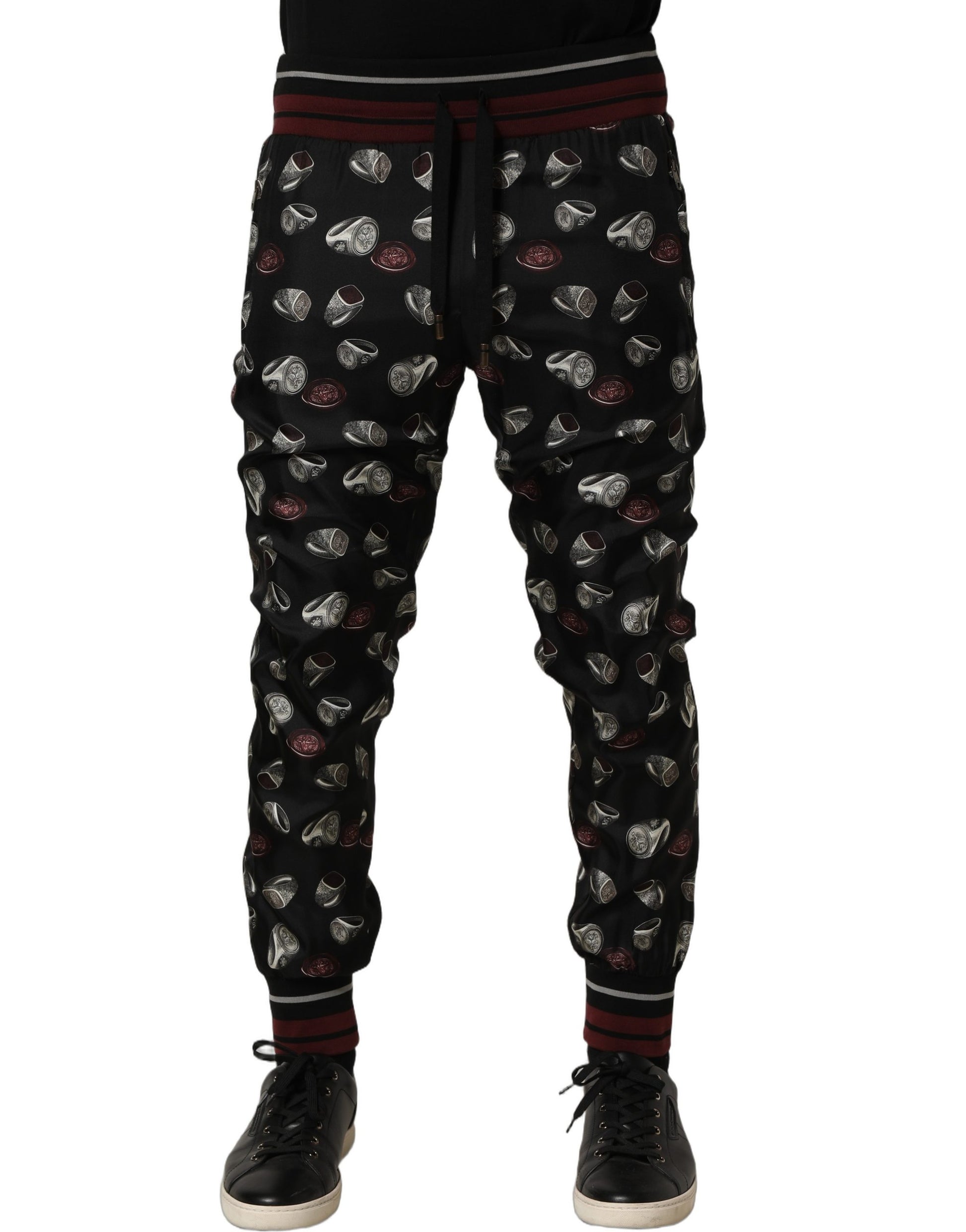 Dolce & Gabbana Pants Black Ring Print Silk Jogging Trousers