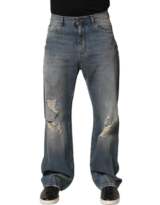 Dolce & Gabbana Blue Cotton Distressed Straight Denim Jeans