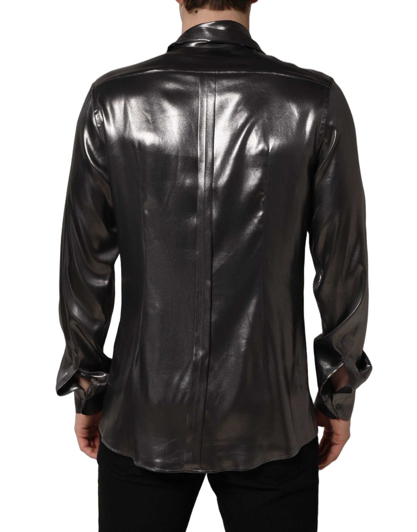 Dolce & Gabbana Silver Satin Silk Long Sleeves Men Dress Shirt