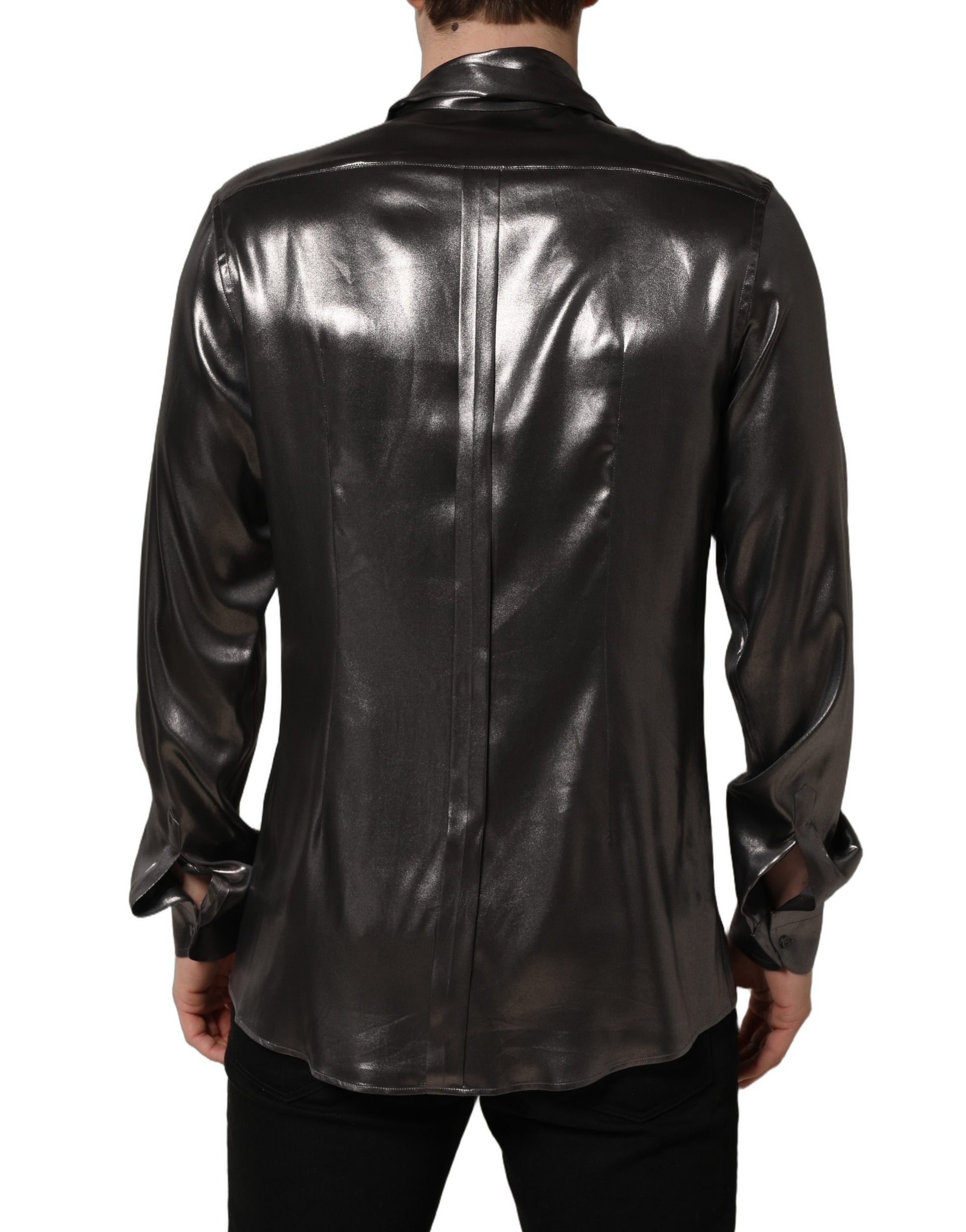 Dolce & Gabbana Silver Satin Silk Long Sleeves Men Dress Shirt