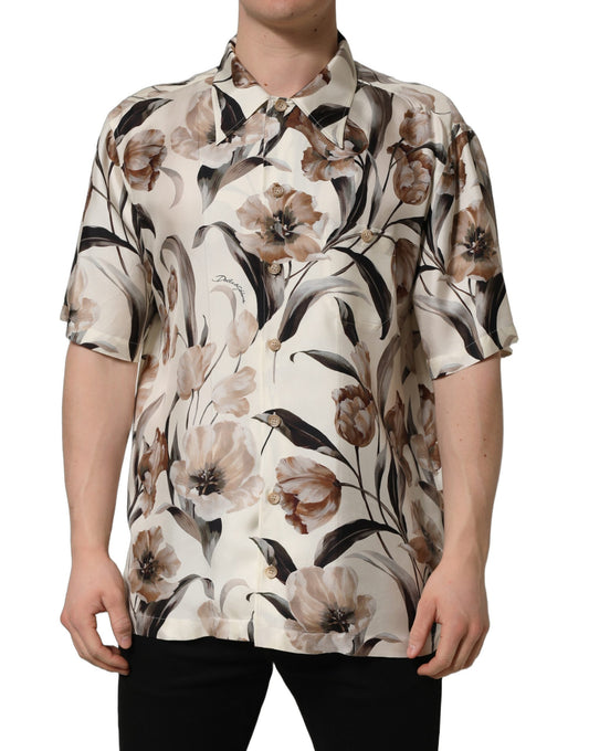 Dolce & Gabbana Beige Tulip Print Silk Short Sleeves Shirt